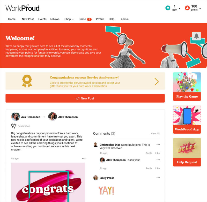 WorkProud Screen - RecognitionFeed